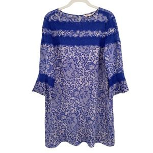 NEW - REBECCA TAYLOR 100% Silk Mini Shift Dress Lace Detail Blue - Size 6
